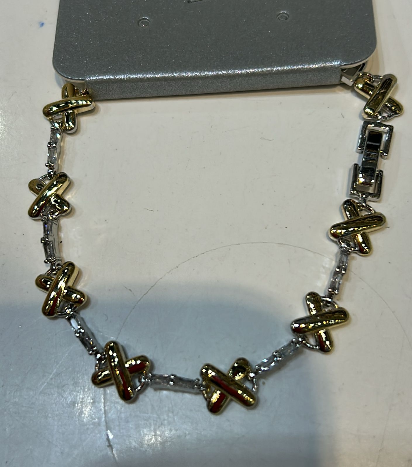 Pulseira Barrete fino Prata e X dourado fecho joia (6 peças semijoia - 2 milésimos)