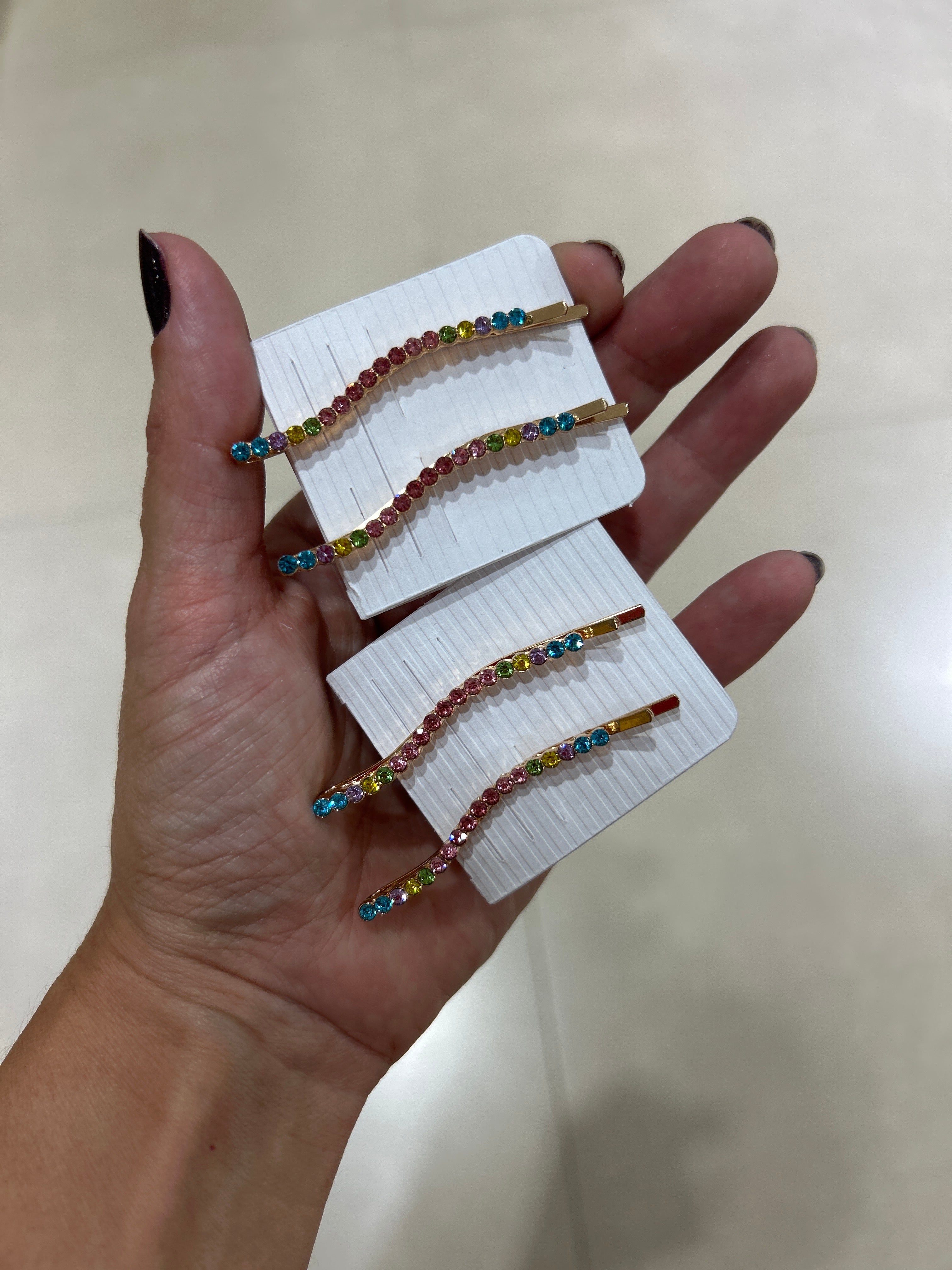 Grampo de Cabelo Wave Cravejado Colorido (12 cartelas com 2 peças cada)