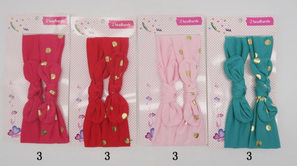 Faixa de cabelo infantil lisa e poá dourado (12 cartelas com 2 peças cada)