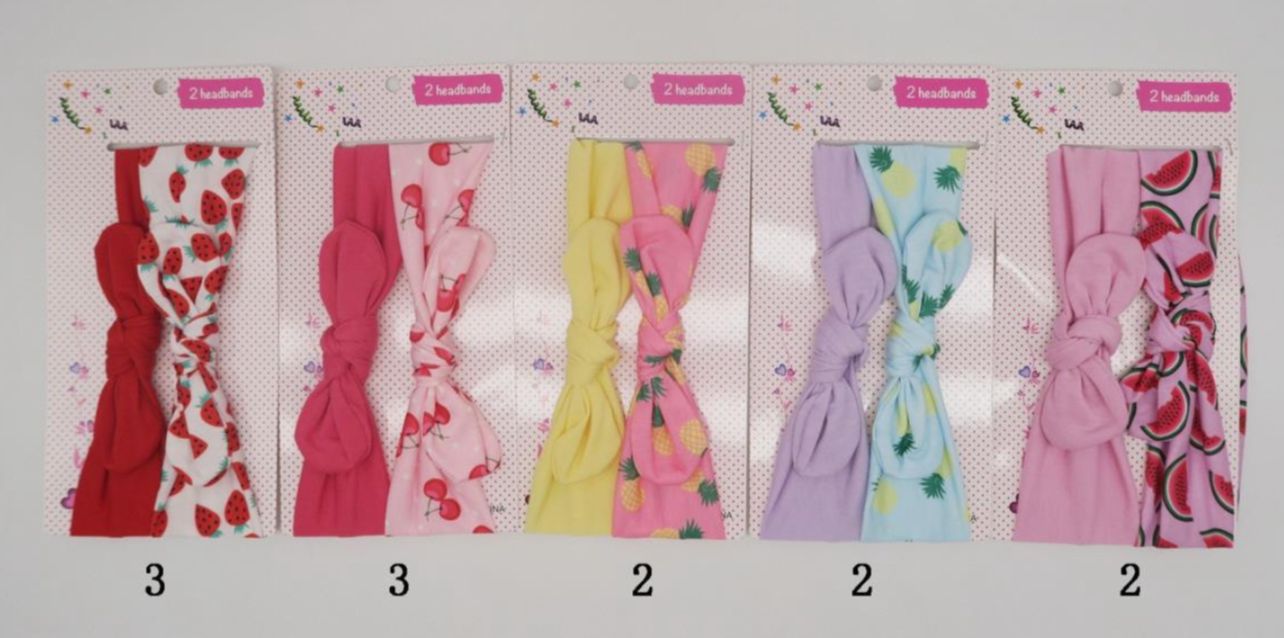 Faixa de cabelo infantil lisa e frutinhas (12 cartelas com 2 peças cada)