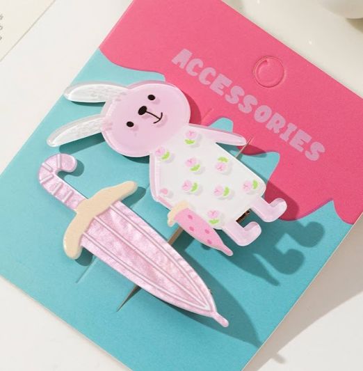 Hair Clip Infantil base metal com aplique em Acetato Coelha e Guarda Chuva (12 cartelas com 2 peças cada)
