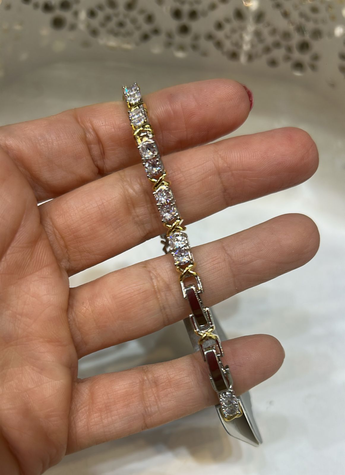 Pulseira Riviera Dois Banhos Pedras e X fecho jóia extensor (6 peças semijoia - 2 milésimos)
