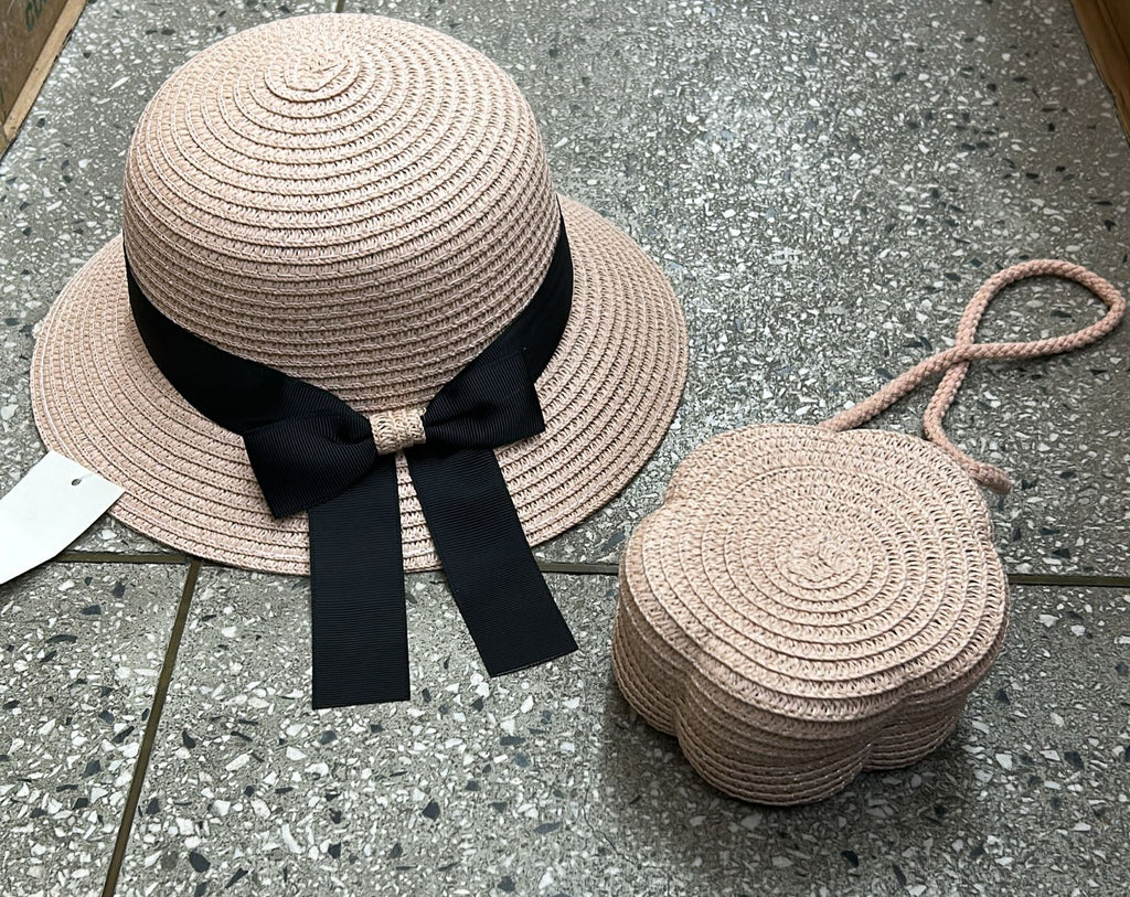 Kit infantil chapéu e bolsinha palha rosê (unidade)