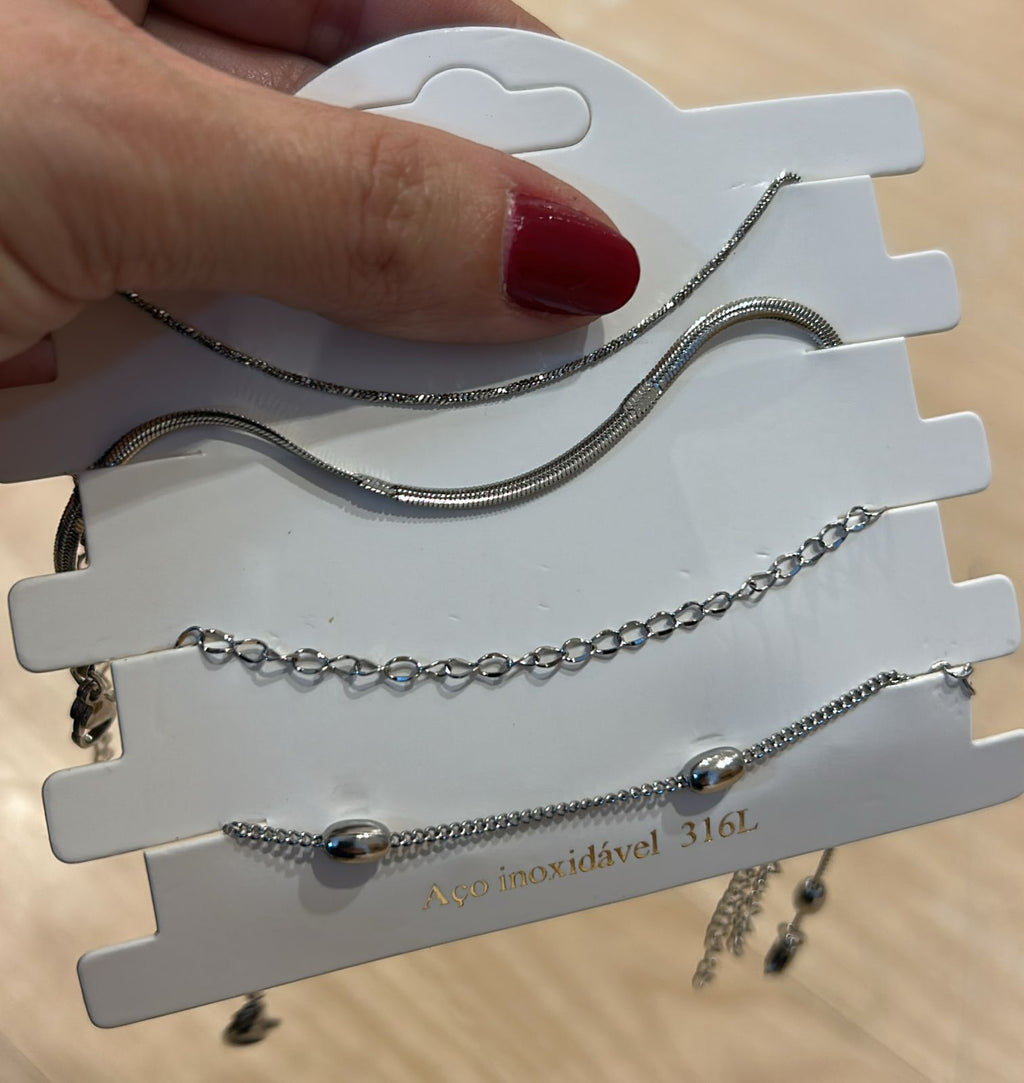 Conjunto com pulseiras prata (12 cartelas com 4 peças cada)