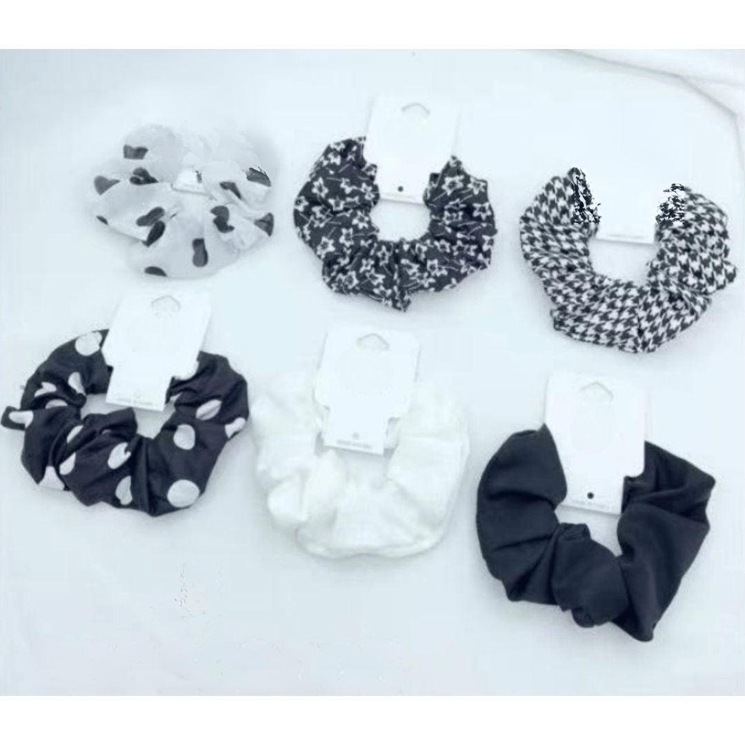 Scrunchie em Tecido estampas variadas Preto e Branco (12 peças)