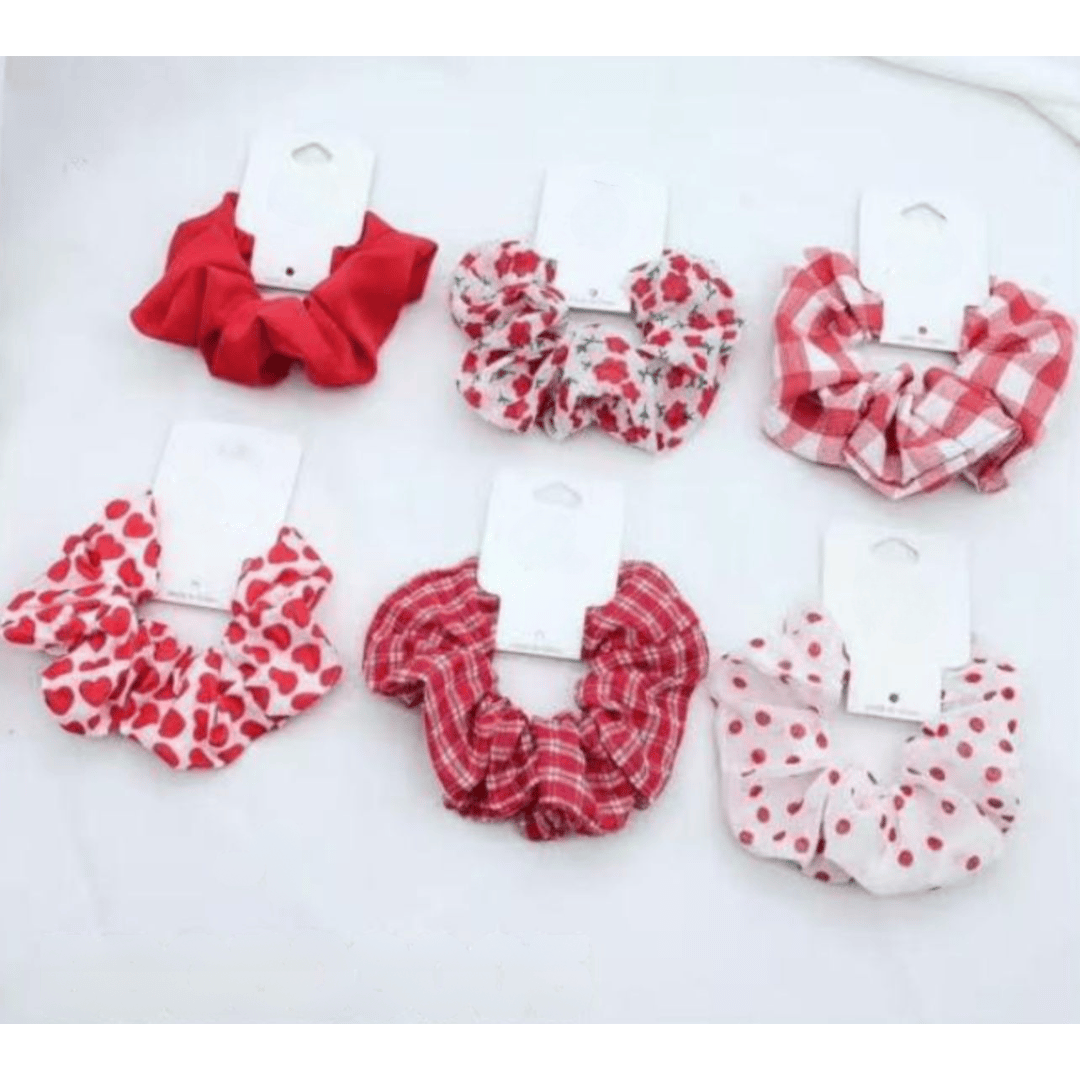 Scrunchie em Tecido estampas variadas vermelho e branco (12 peças)