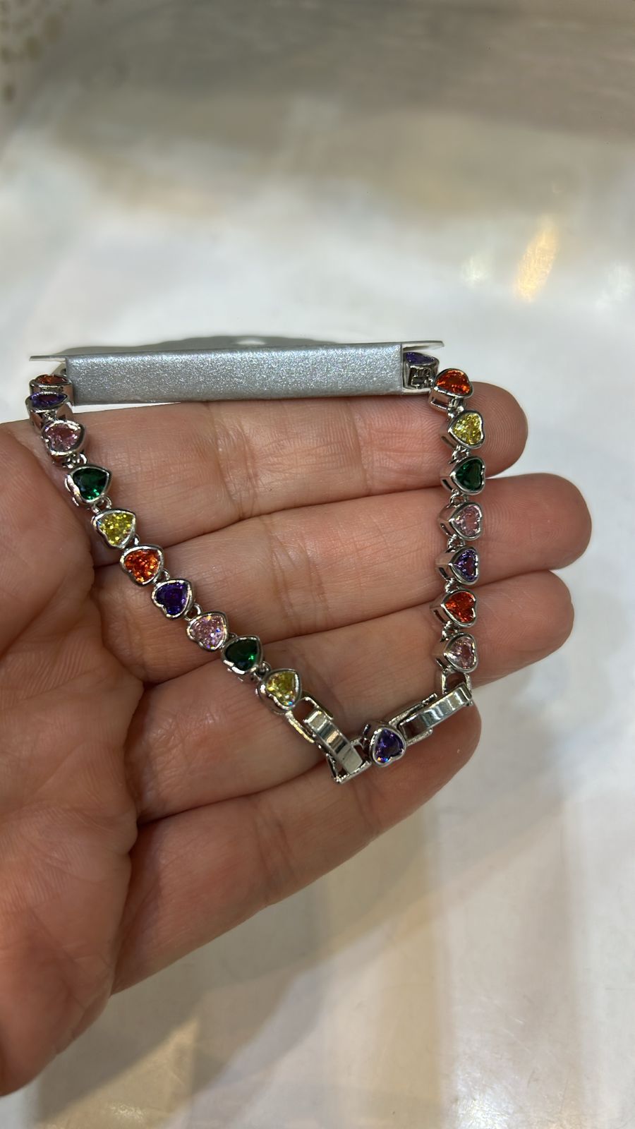 Pulseira Riviera Prata Coração Pedras coloridas fecho joias extensor (6 peças semijoia - 2 milésimos)