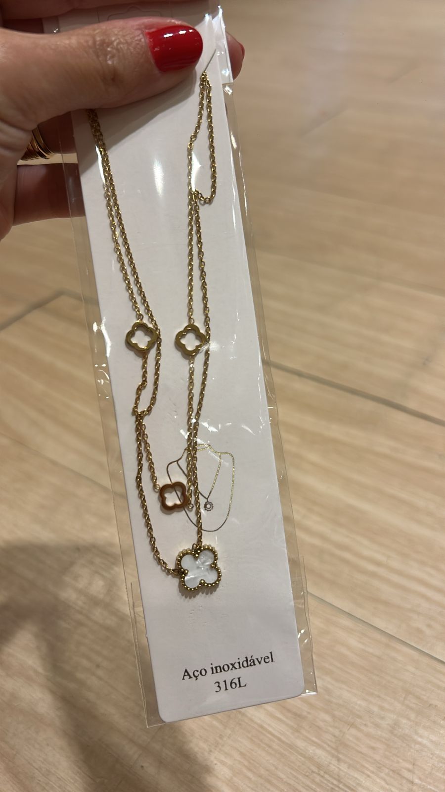 Colar duplo Em aço inoxidável Trevo Madrepérola Dourado (12 peças)