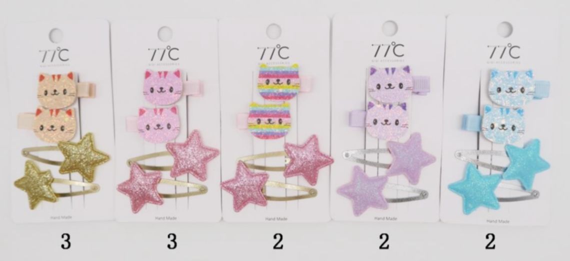 Tic tac Estrelinhas Brilhos e Hair Clip Gatinho (12 cartelas com 4 peças cada)