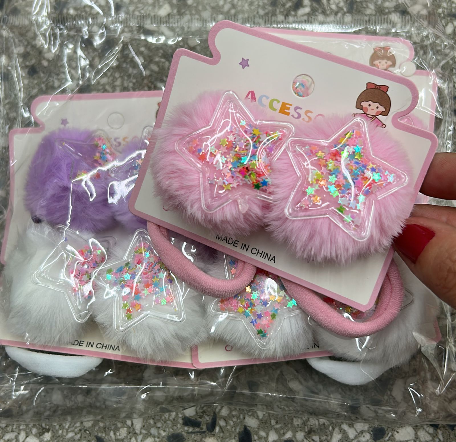 Xuxinha infantil pompom com aplique acqua estrela (6 cartelas com 2 peças cada total 12 peças)
