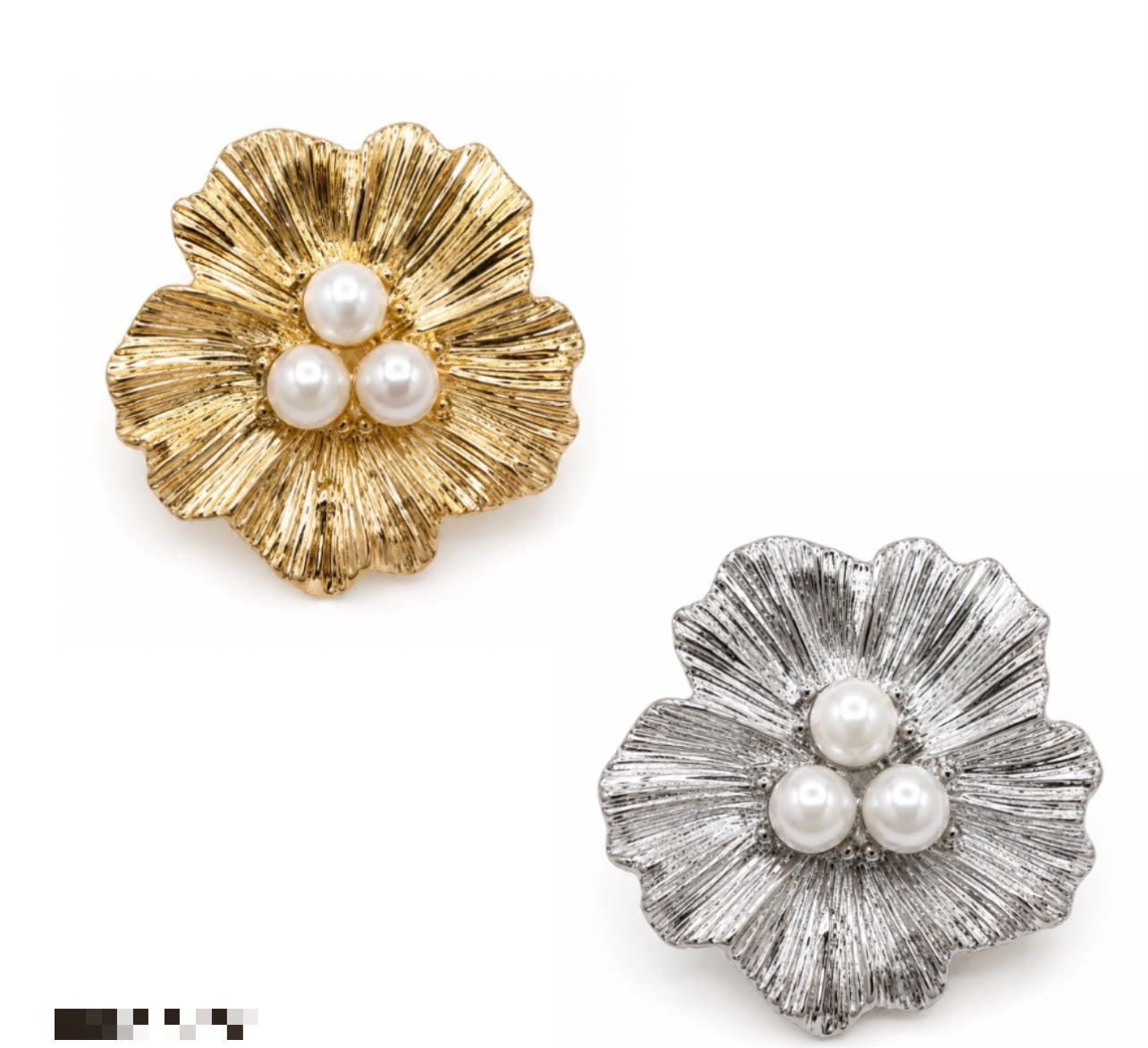 Broche agulha flor drapeada miolo pérolas 4,5cm (12 peças 6 douradas e 6 pratas)