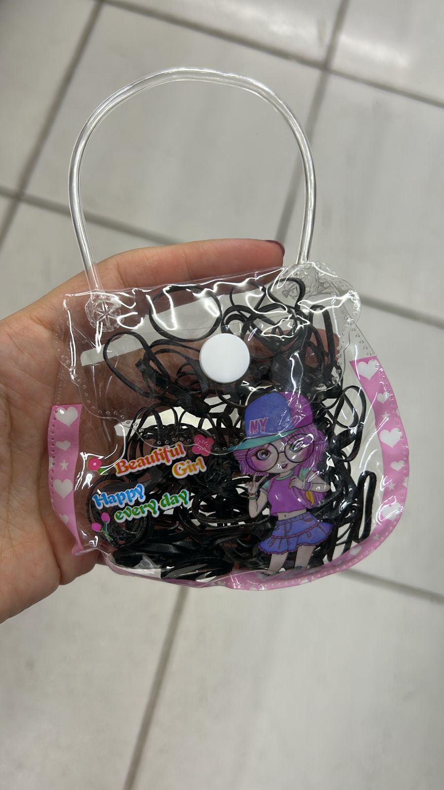 Bolsinha plástico botão com liguinhas de silicone pretas (12 bolsinhas com 50 peças)