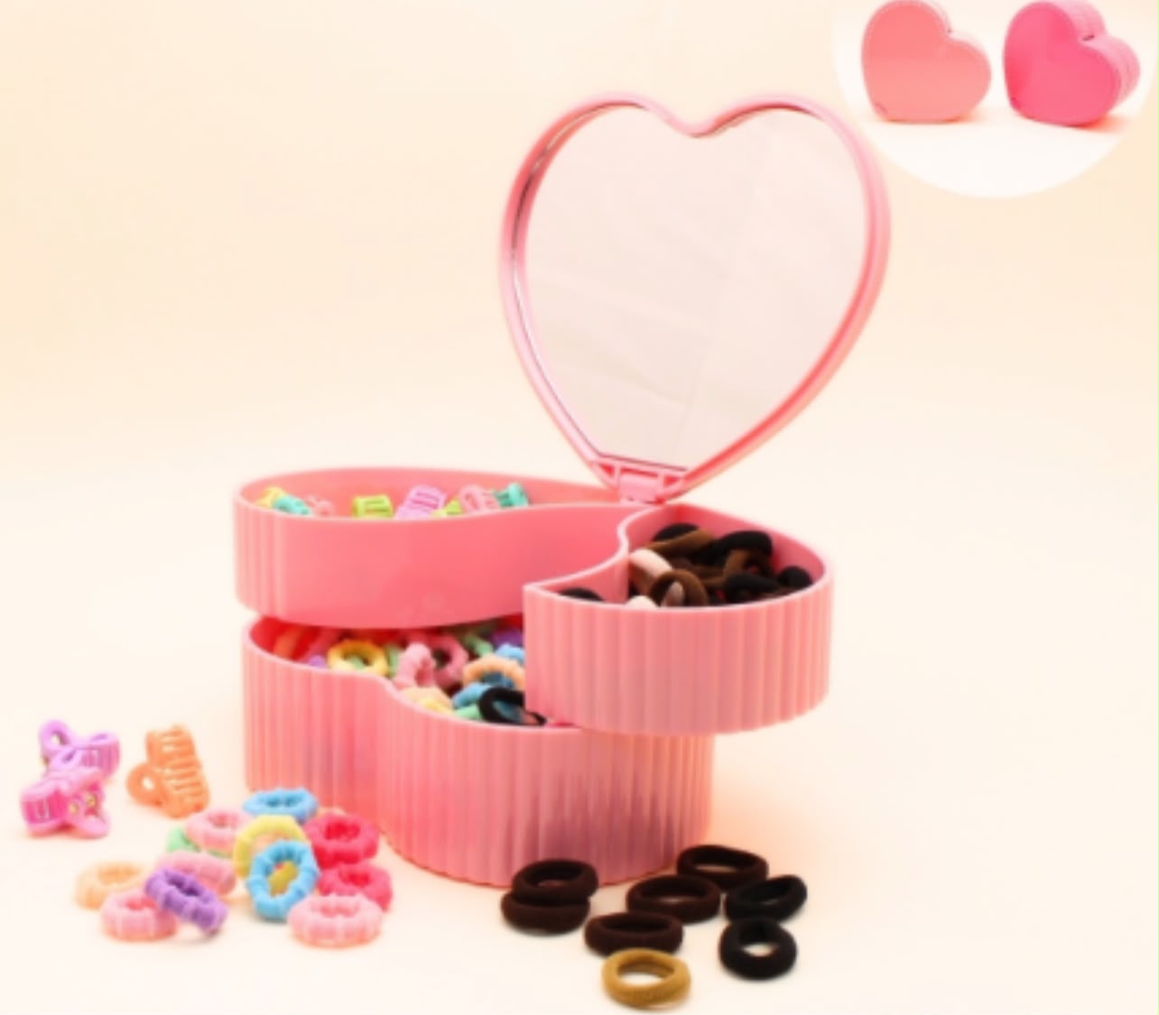 Porta acessório infantil com espelho coração (6 peças, 3 Rosa claro, 3 Pink)