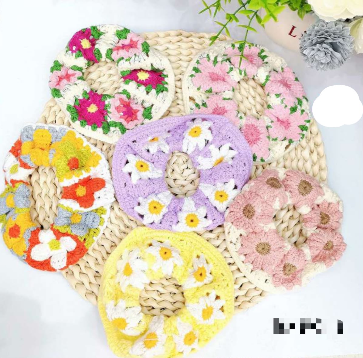 Scrunchie em crochê flores (12 peças 2 de cada cor)