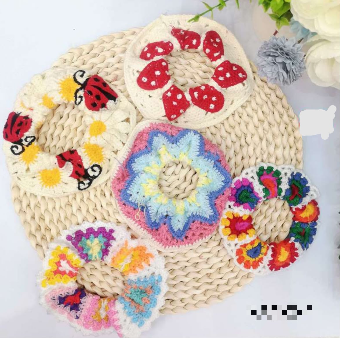 Scrunchie em crochê colorido divertido (12 peças 2 de cada cor)