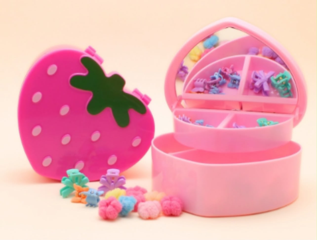 Porta acessório infantil com espelho moranguinho (6 peças, 3 Rosa claro, 3 Pink)