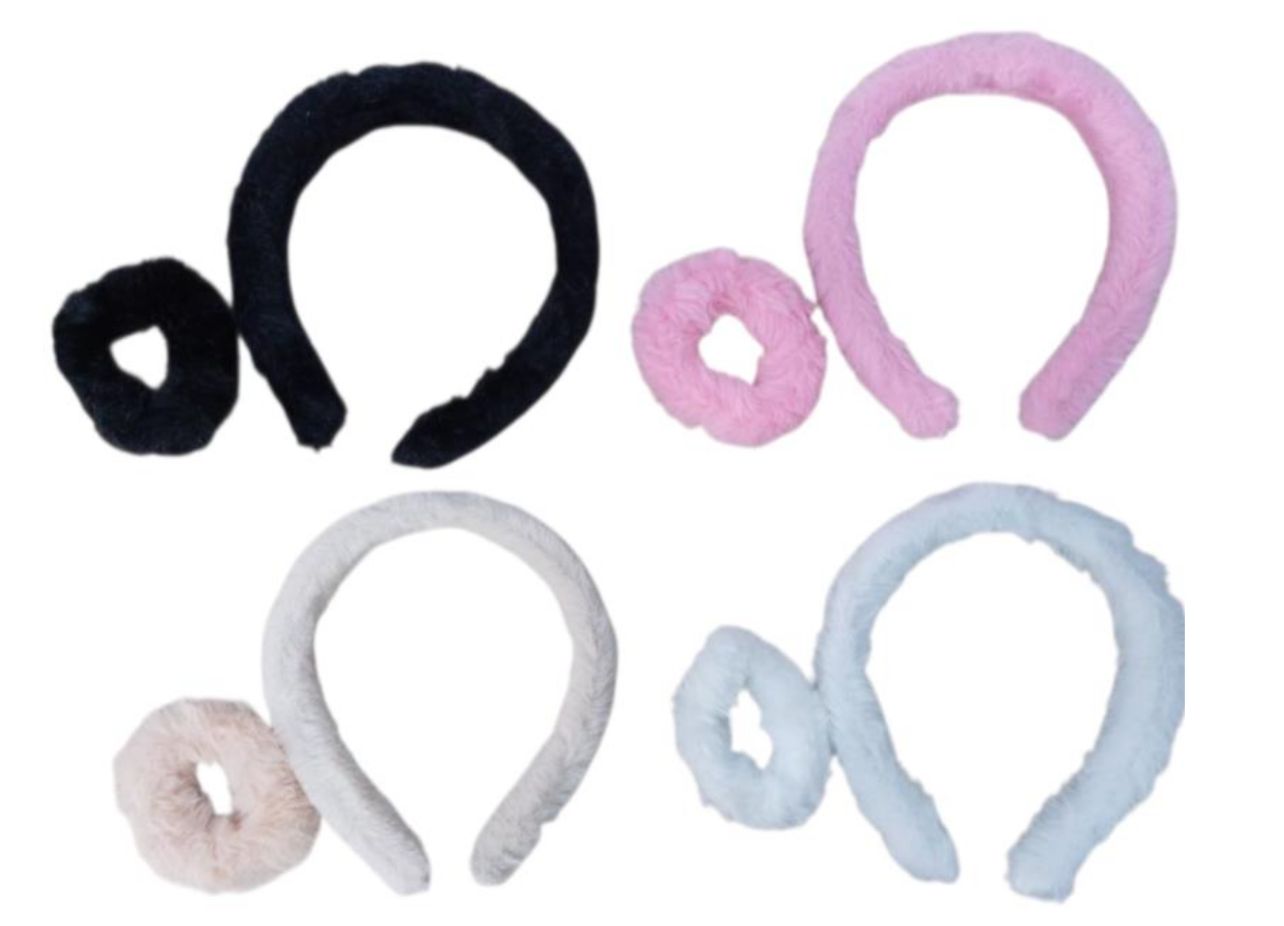 Tiara Pelúcia e Scrunchie Pelúcia lisa (12 peças 3 de cada cor)