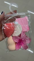 Kit Bolsinha com 5 esponjas de maquiagem e Piranha Flor Havaiana (12 kits pirnhas de cor variada)