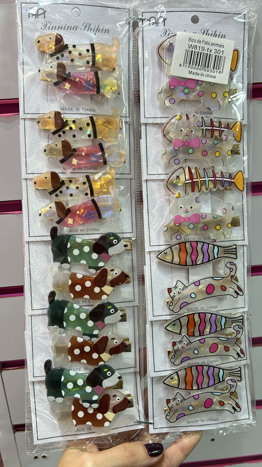 Hair Clip Infantil Cachorro e Gatinho em Acetato (12 cartelas com 2 peças cada 3 de cada tema)