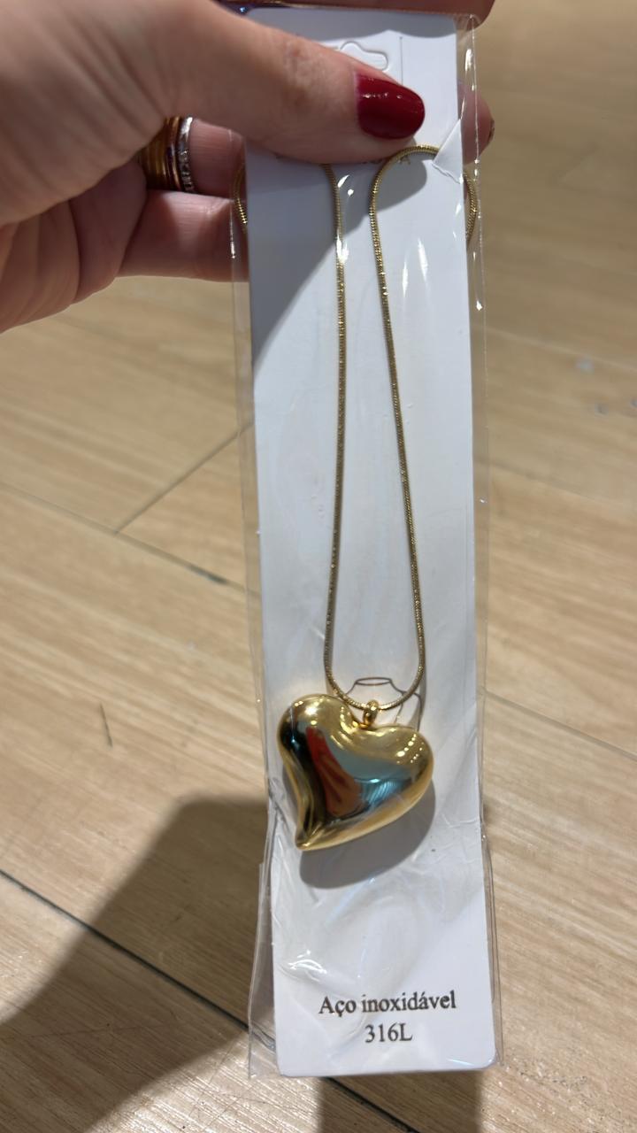 Colar pingente coração sólido dourado - Aço Inoxidável 316L (12 peças)
