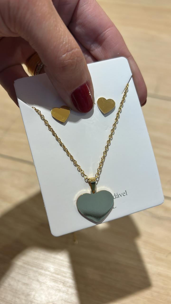 Conjunto Brinco, colar e pingente Coração Chapa dourado - Aço Inoxidável 316L (12 conjuntos)