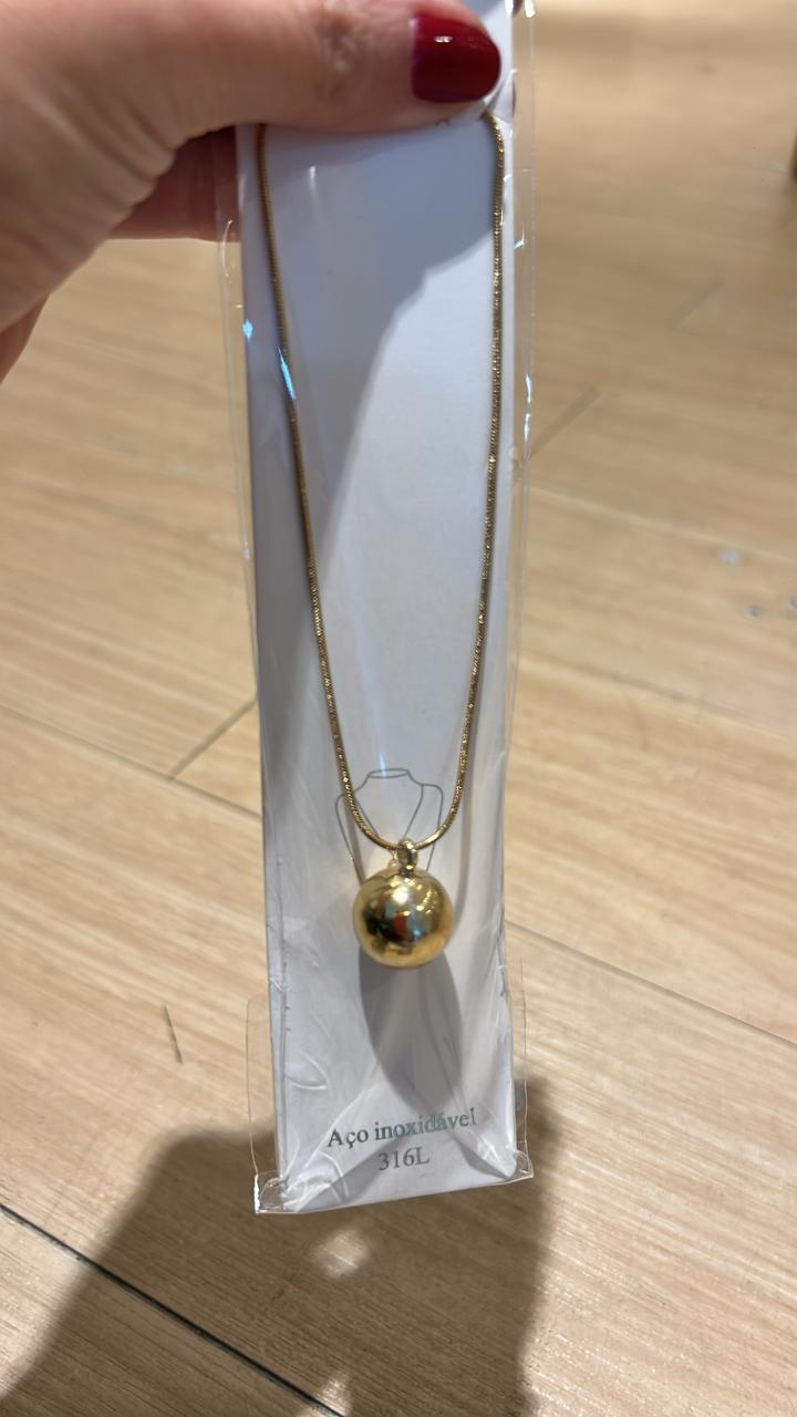 Colar pingente Esfera sólida dourado - Aço Inoxidável 316L (12 peças)