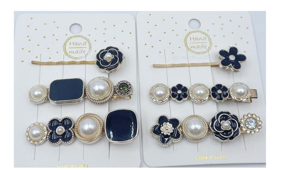 Kit hair clip e grampos adulto pedras pretas e camélia (12 cartelas com 3 peças cada)