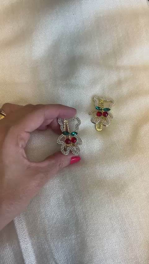 Hair Clip P Teddy com Cereja Pedrarias (12 peças 6 strass e 6 micro pérolas)