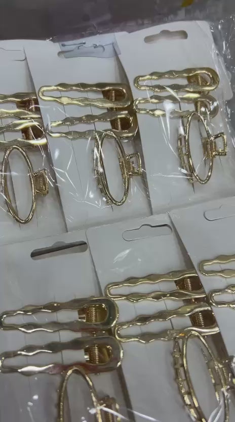 Hair Clip Dourado Retangular e Piranha P Metal meia Lua (12 cartelas com 3 peças cada)