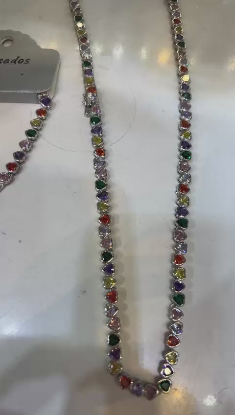 Riviera Prata Coração Pedras coloridas fecho gaveta (6 peças semijoia - 2 milésimos)