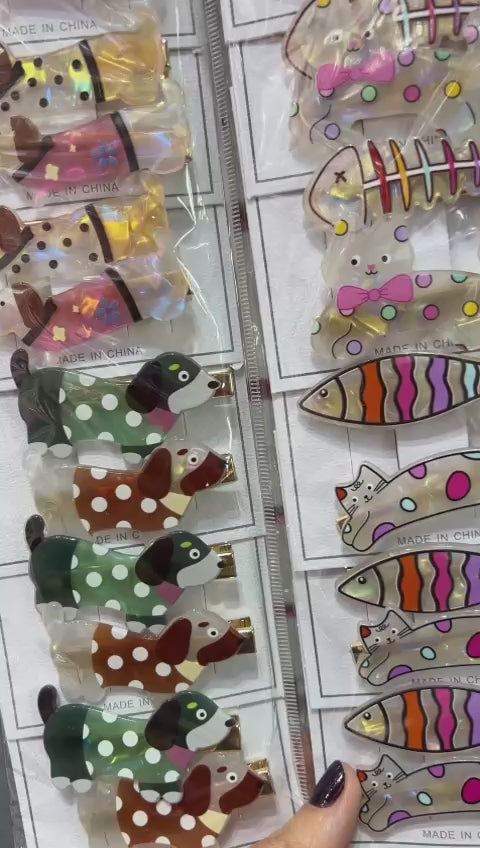 Hair Clip Infantil Cachorro e Gatinho em Acetato (12 cartelas com 2 peças cada 3 de cada tema)