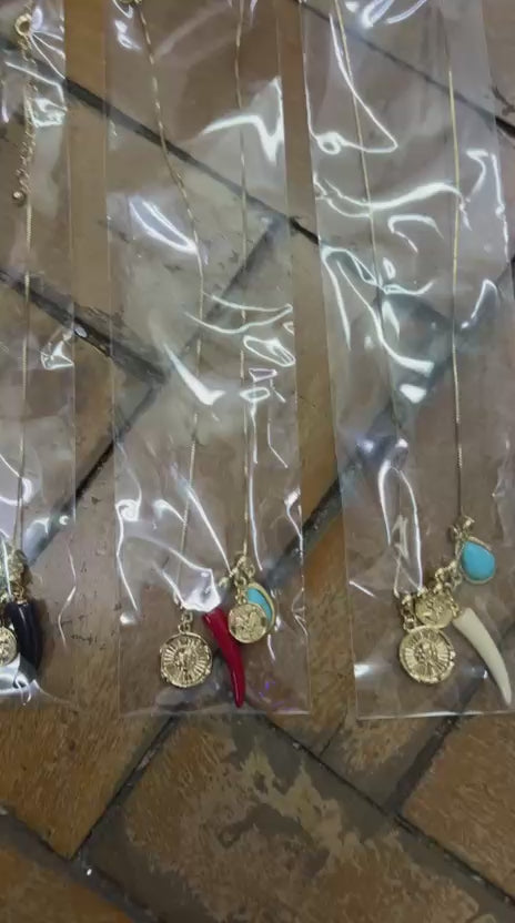 Colar longo com dente, medalha, pedra turquesa fecho lagosta (12 peças 4 de cada cor de dentes)